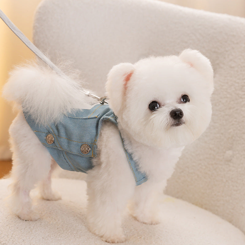 Denim Dog Harness Vest – Adjustable Puppy Walking Harness with Leash Ring for Small Dogs Casual Pet Clothes