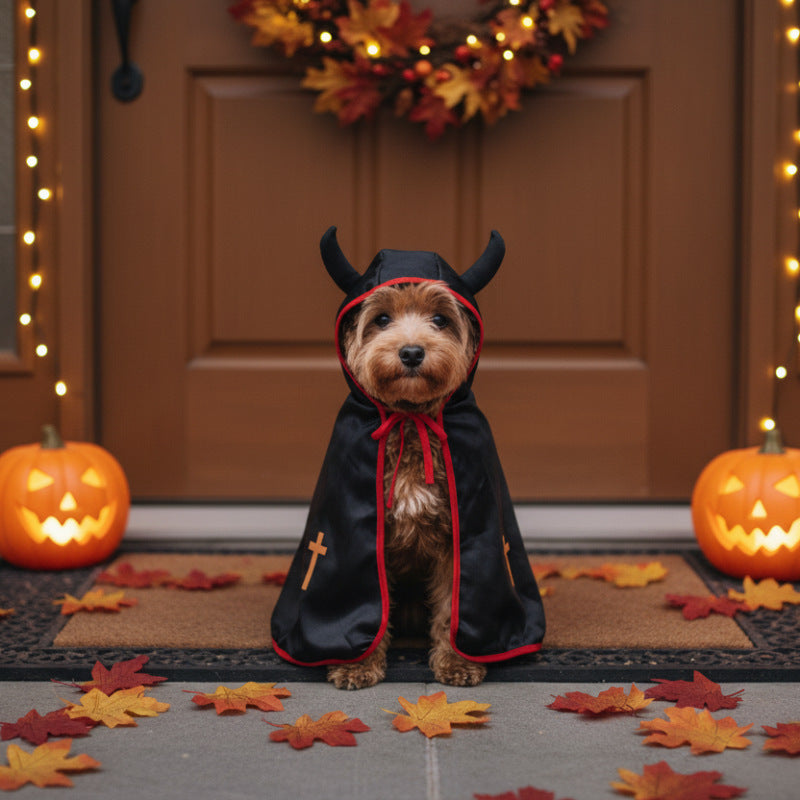 Devil Dog Halloween Costume – Horned Hooded Cape with Pumpkin & Cross Print