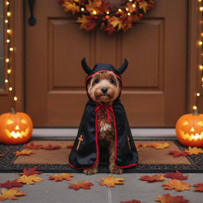 Devil Dog Halloween Costume – Horned Hooded Cape with Pumpkin & Cross Print
