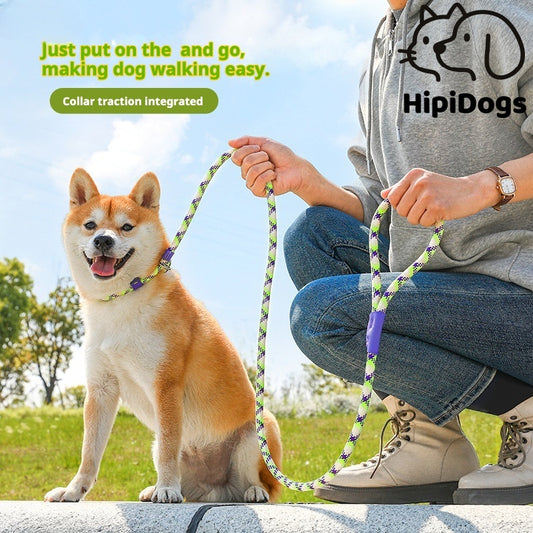Adjustable Dog Leash with Integrated Collar – No-Pull Rope Leash for Easy Dog Walking