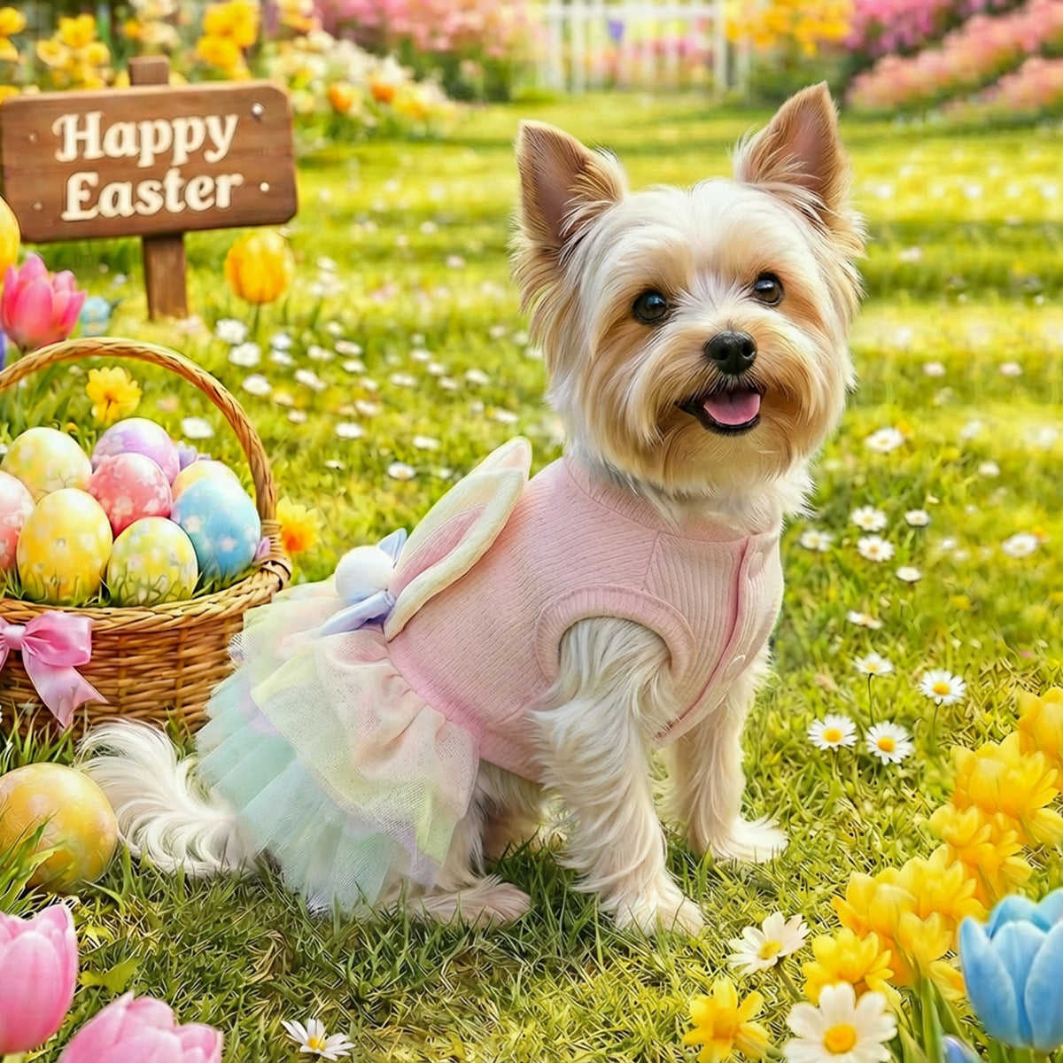 Easter Bunny Dog Dress | Cute Rainbow Tutu Pet Outfit with Bow | Spring Holiday Dress for Small Dogs & Cats | HipiDogs