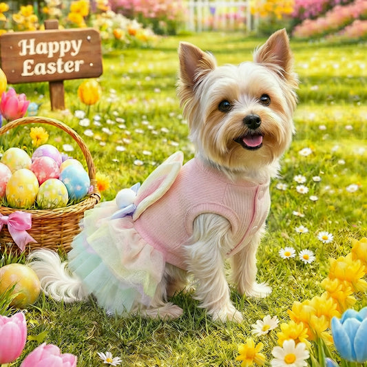 Easter Bunny Dog Dress | Cute Rainbow Tutu Pet Outfit with Bow | Spring Holiday Dress for Small Dogs & Cats | HipiDogs