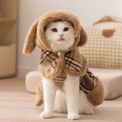 Plaid Cotton Dress with Cute Bunny Ears for Cats | Cozy Winter Pet Outfit