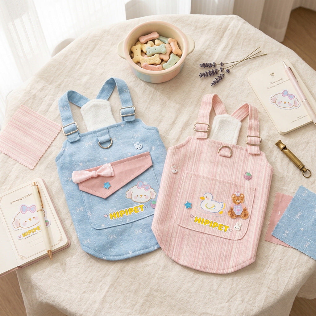 Cute Denim Canvas Dog Harness Vest – Adjustable Puppy Walking Harness with Cartoon Pocket Detail