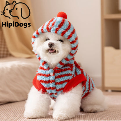Thick Hooded Dog Sweater for Small Dogs - Plush Striped Winter Puppy Coat, Warm Fleece Pet Outfit - product photo