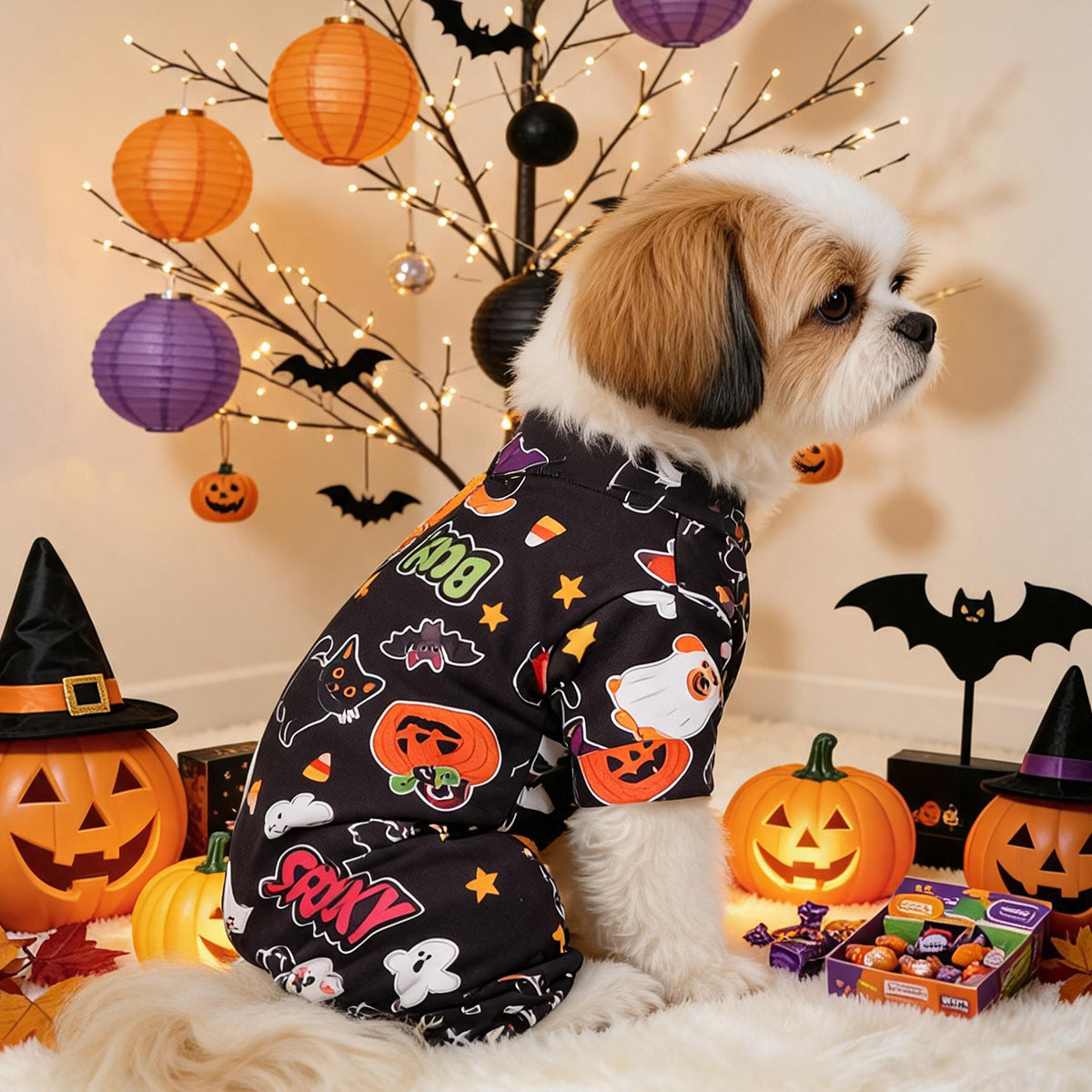 Halloween Dog Pajamas – Pumpkin Ghost Print Pet Jumpsuit for Small Dogs & Cats