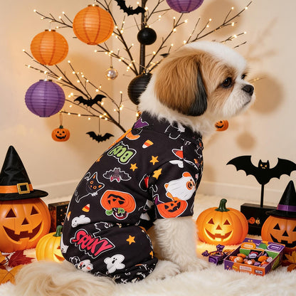 Halloween Dog Pajamas – Pumpkin Ghost Print Pet Jumpsuit for Small Dogs & Cats