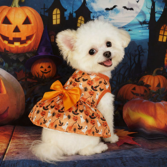 Orange Halloween Dog Dress – Pumpkin, Ghost & Bat Print Pet Costume with Satin Bow