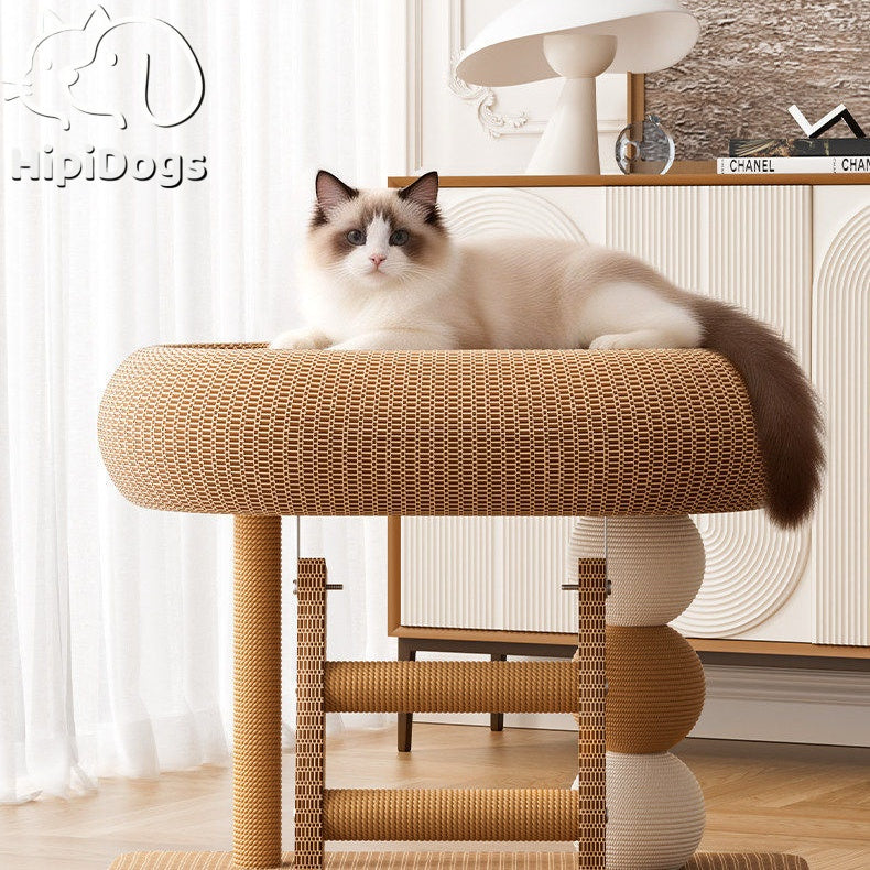 Modern Cat Scratcher Bed Tower – Oval Sisal Scratching Lounge with Cozy Resting Platform