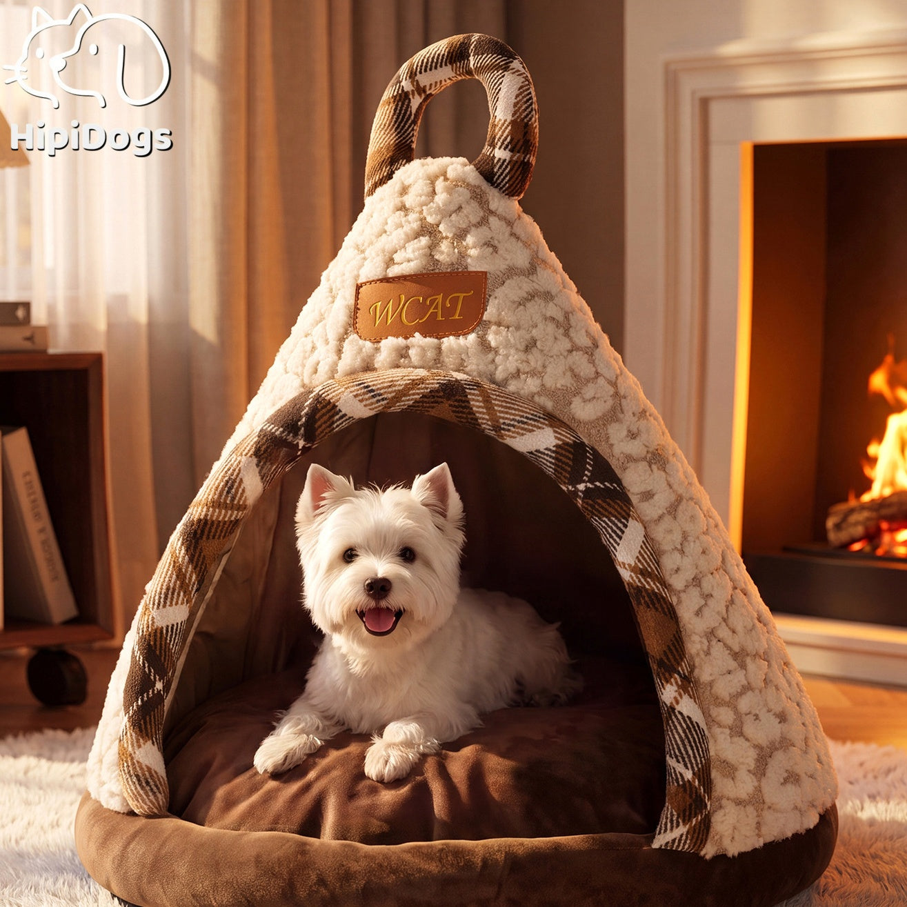 Cozy Plaid Sherpa Pet Teepee Bed – Warm Fleece Cat & Dog Tent House with Soft Cushion