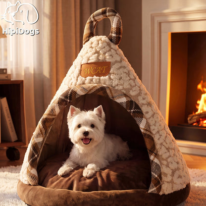 Cozy Plaid Sherpa Pet Teepee Bed – Warm Fleece Cat & Dog Tent House with Soft Cushion
