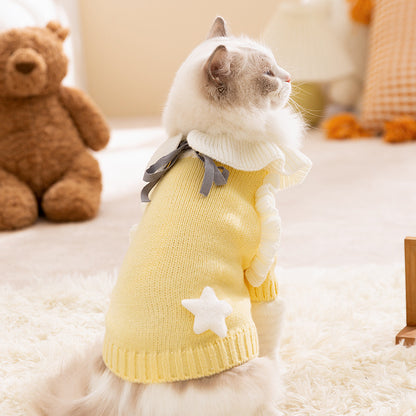 Cute Cat Sweater Outfit | Warm Knit Pet Clothes with Bow & Star | Soft Winter Cat Clothing for Cats & Small Dogs | HipiDogs