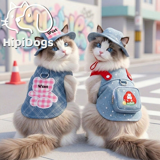 HipiDogs Denim Cat Dress | Cute Fashion Outfit for Cats with Leash Attachment Ring