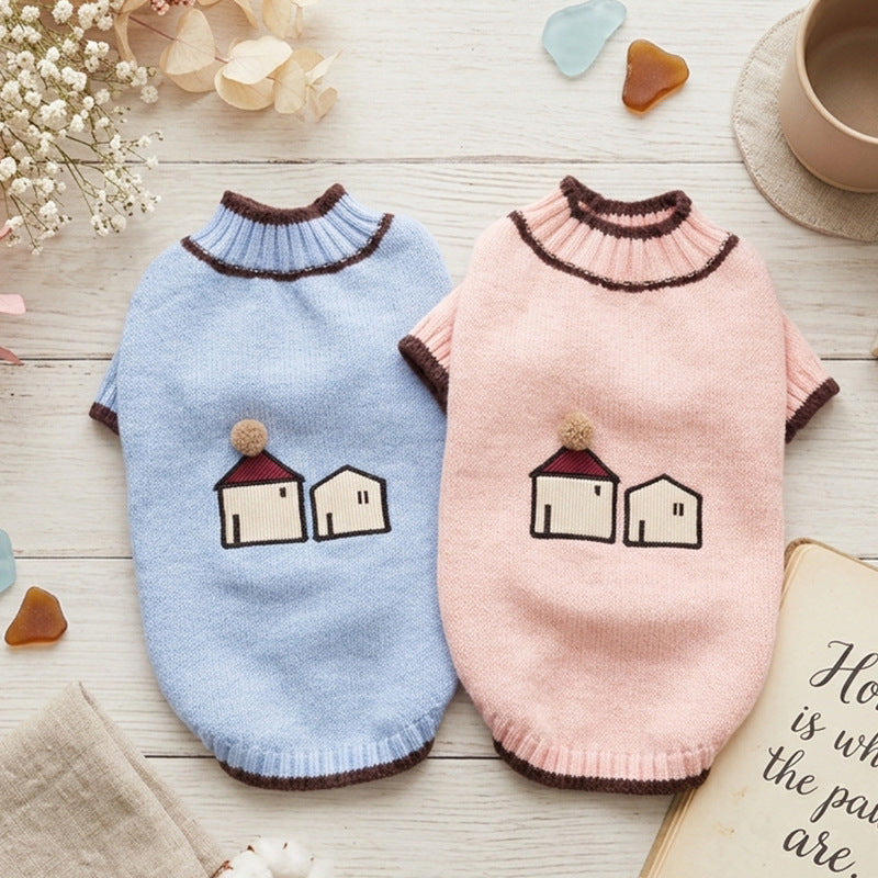 Cute Cottage Knit Dog Sweater – Soft Turtleneck Puppy Pullover with House Embroidery