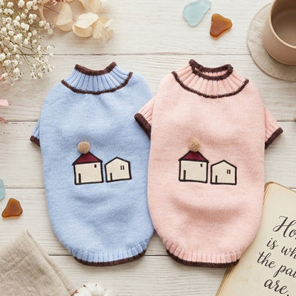 Cute Cottage Knit Dog Sweater – Soft Turtleneck Puppy Pullover with House Embroidery