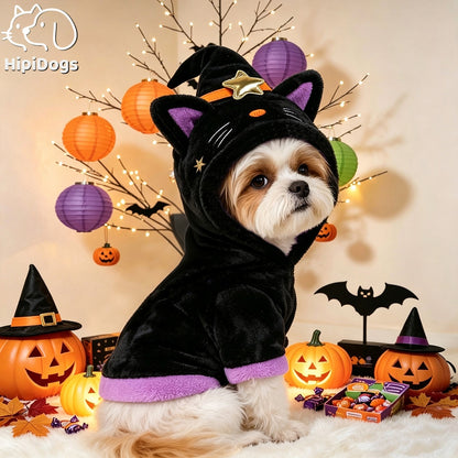 Halloween Black Cat Dog Costume – Witch Hat Hoodie for Small Dogs & Cats