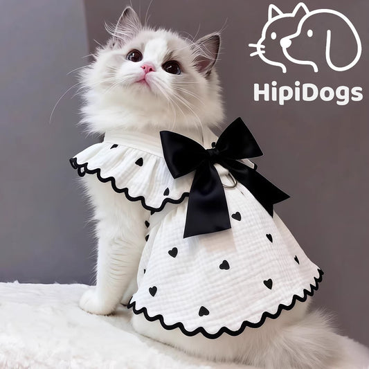 Black Bow Cat Dress – Elegant Heart Print Princess Outfit