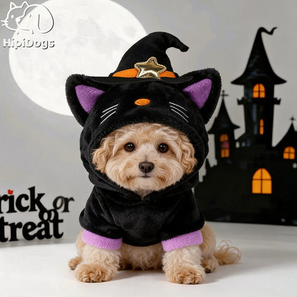 Black Cat Witch Halloween Pet Hoodie – Plush Costume for Cats & Small Dogs