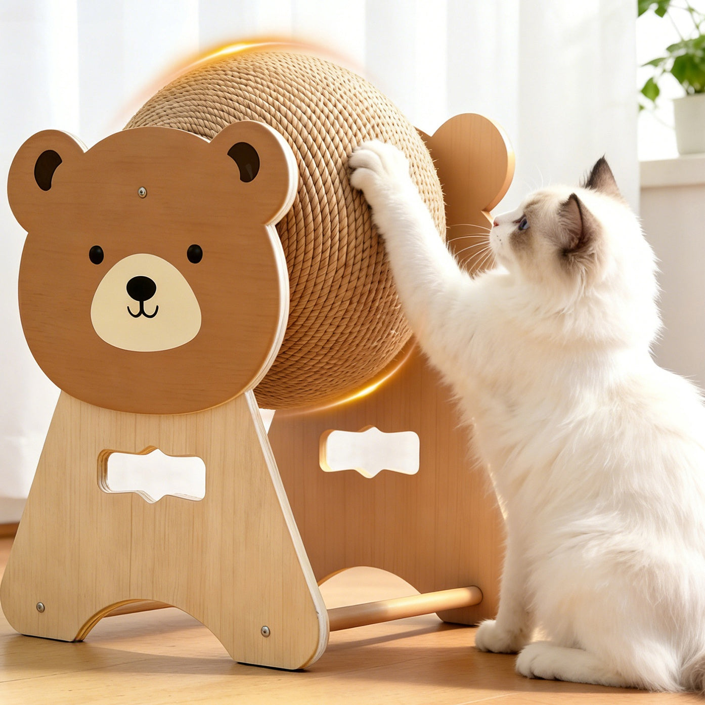 Apple & Bear Wooden Cat Scratcher – Cute Cartoon Sisal Ball Scratching Toy for Indoor Cats