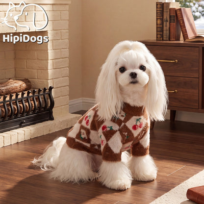 Cozy Cherry Argyle Dog Sweater – Soft Fuzzy Knit Pullover for Cool Weather