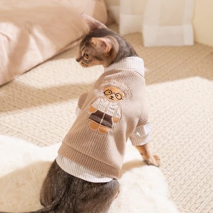 Teddy Bear Embroidered Cat Sweater | Ribbed Dress for Cats