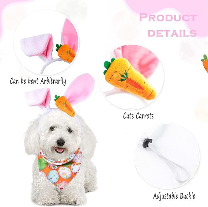 Easter Bunny Dog Costume Set | Rabbit Ear Headband, Egg Bandana & Carrot Toy | Cute Easter Pet Outfit | HipiDogs