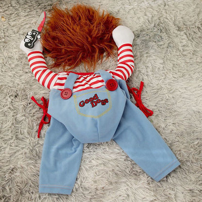 Killer Doll Dog Costume – Halloween Pet Costume with Red Striped Shirt, Overalls & Orange Wig
