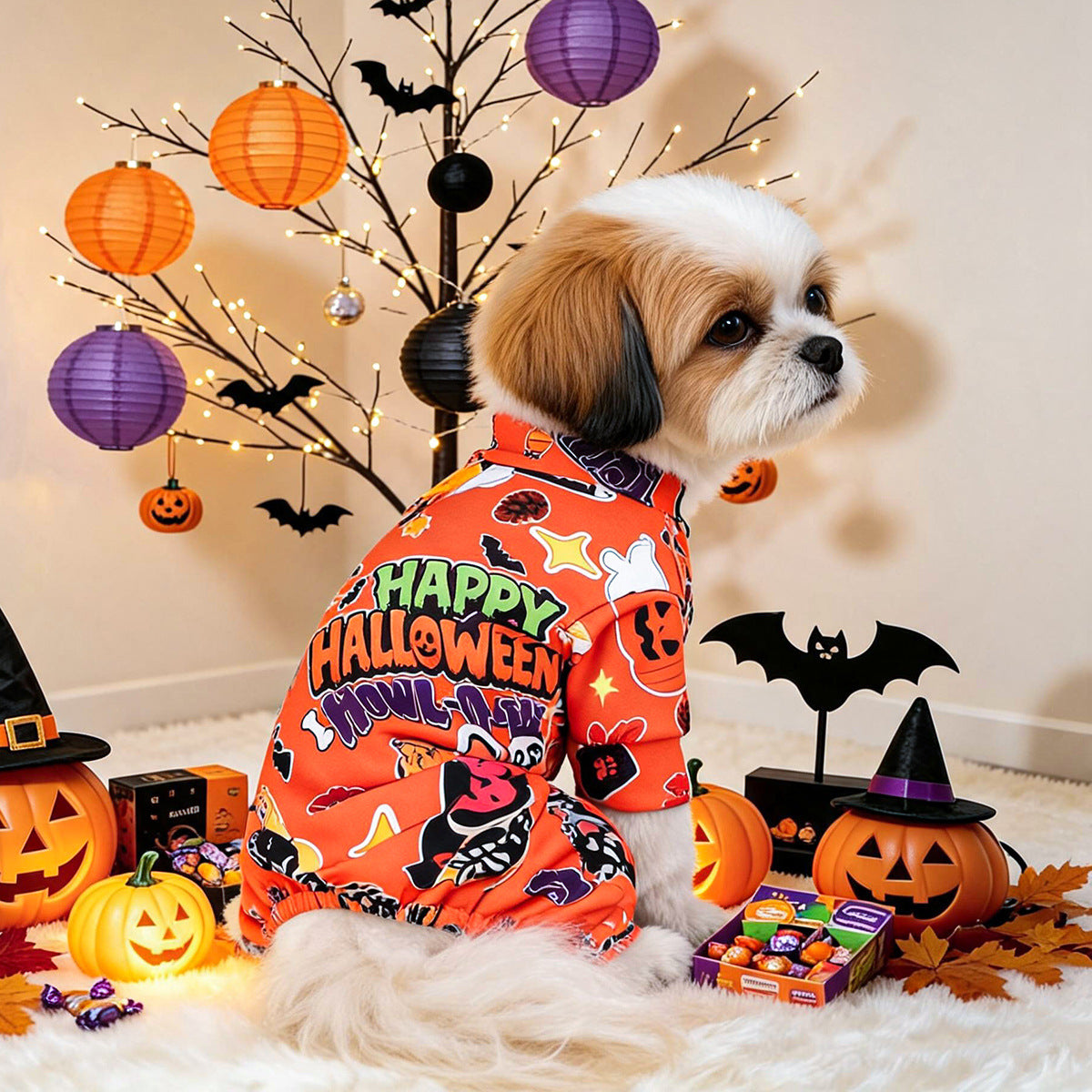 Halloween Dog Pajamas – Pumpkin Ghost Print Pet Jumpsuit for Small Dogs & Cats