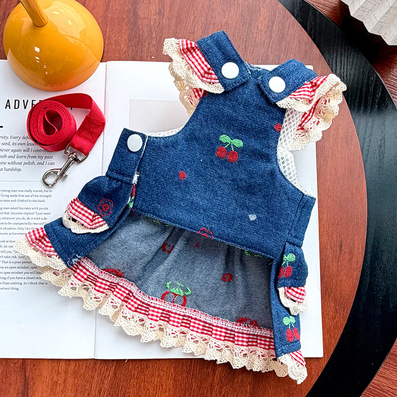 Cherry Denim Pet Harness Dress – Cute Lace Princess Style