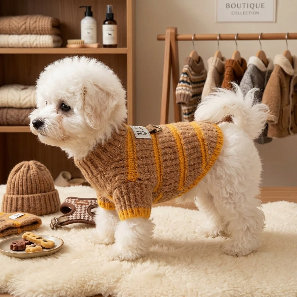 Cozy Striped Knit Dog Sweater – Soft Turtleneck Puppy Pullover with Leash Ring Detail