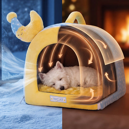 Cozy Enclosed Dog House Bed – Warm Plush Pet Cave with Curtains & Carry Handle for Dogs and Cats