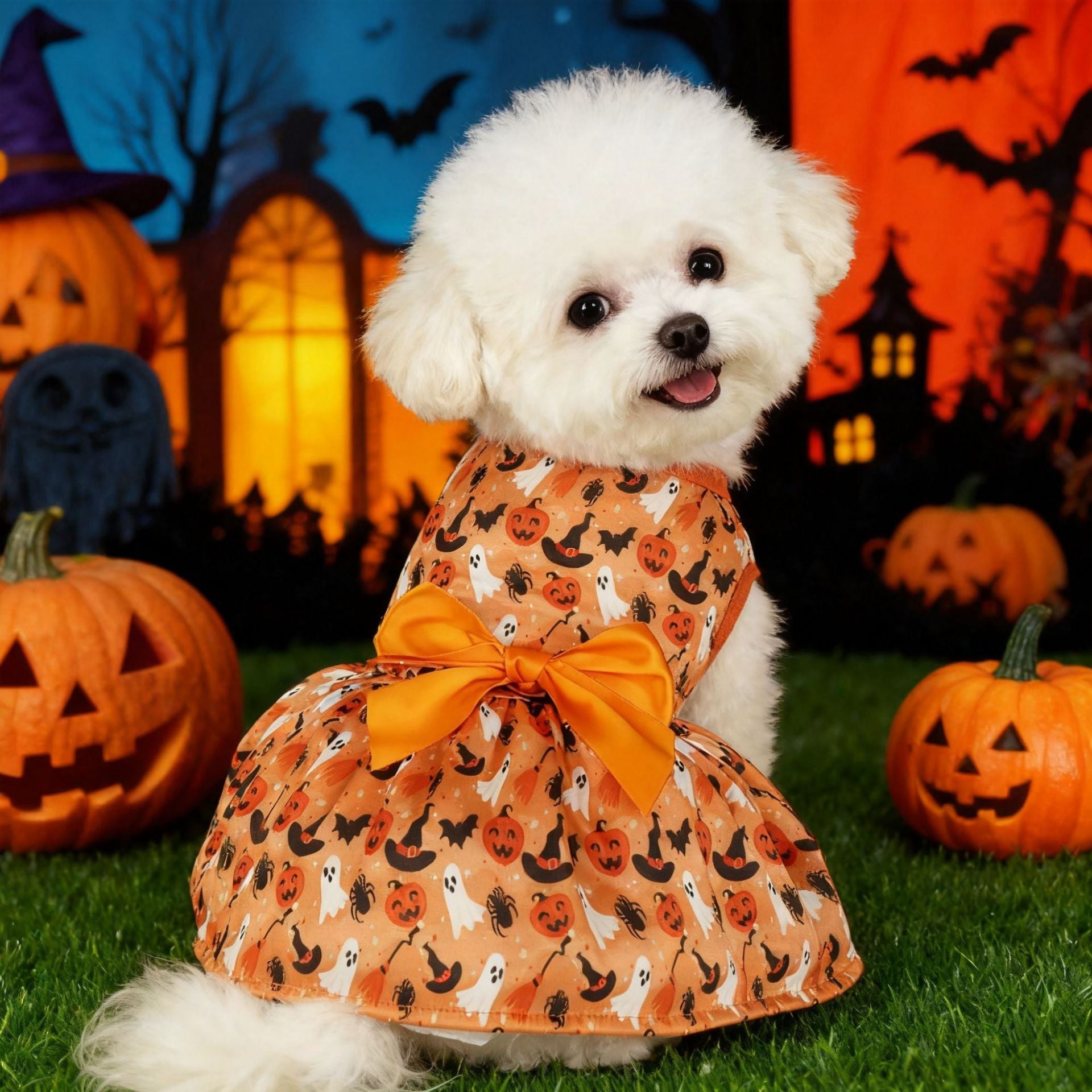 Orange Halloween Dog Dress – Pumpkin, Ghost & Bat Print Pet Costume with Satin Bow