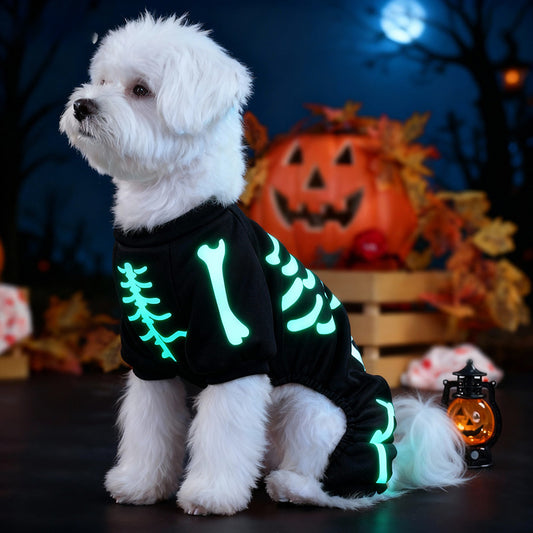 Glow-in-the-Dark Skeleton Dog Costume – Halloween Pet Jumpsuit