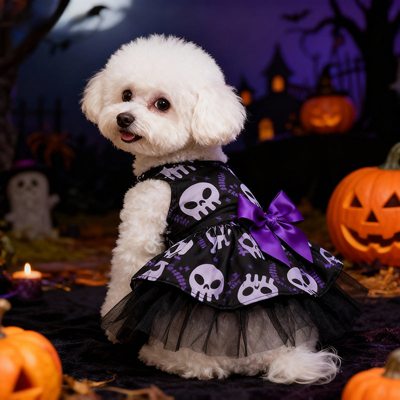 Halloween Dog Dress – Skull & Pumpkin Print Pet Costume with Bow and Tulle Skirt