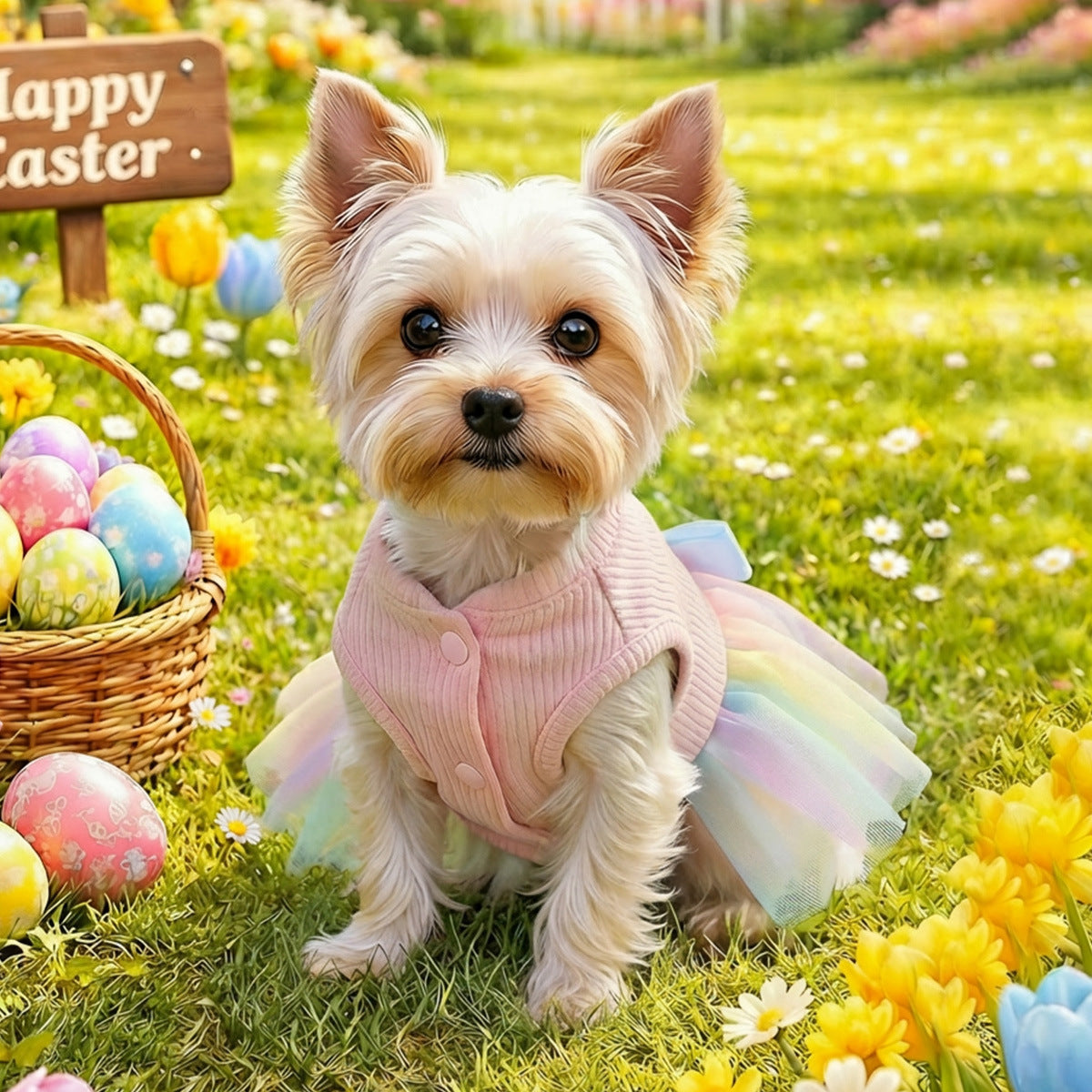 Easter Bunny Dog Dress | Cute Rainbow Tutu Pet Outfit with Bow | Spring Holiday Dress for Small Dogs & Cats | HipiDogs
