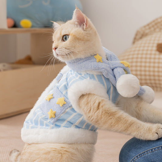 Starry Sky Striped Vest for Cats – Cozy & Stylish with Stars & Pom Poms