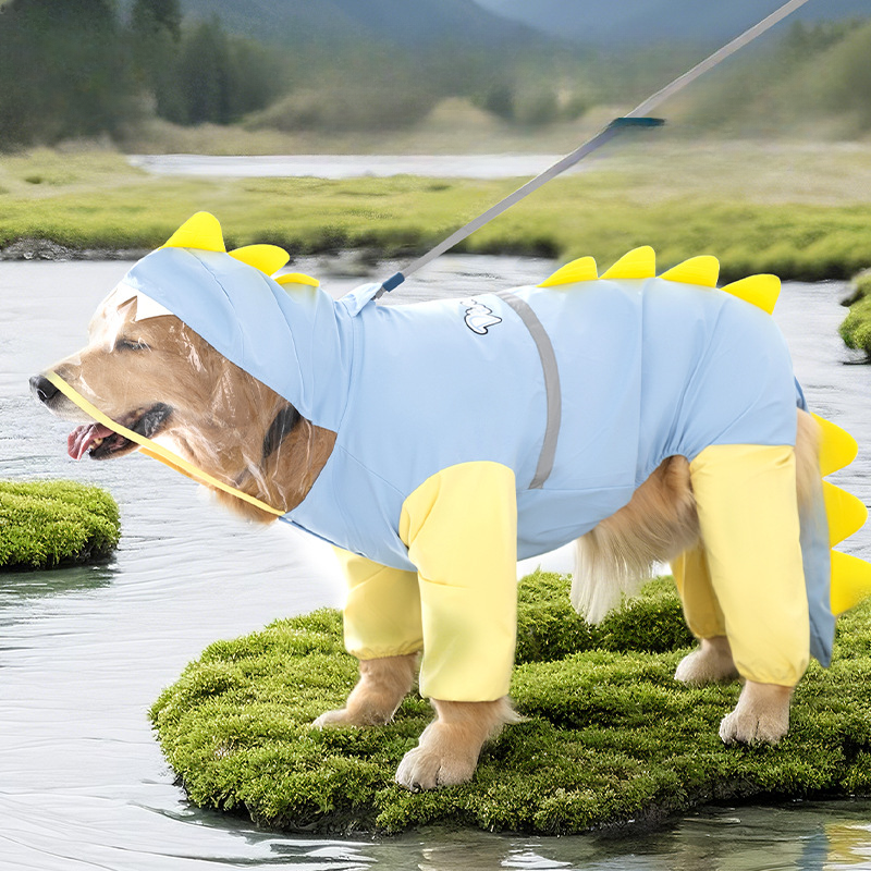 Dinosaur Waterproof Dog Raincoat | Full Body Pet Rain Suit with Transparent Hood | Reflective Dog Rain Jacket for Medium & Large Dogs | HipiDogs