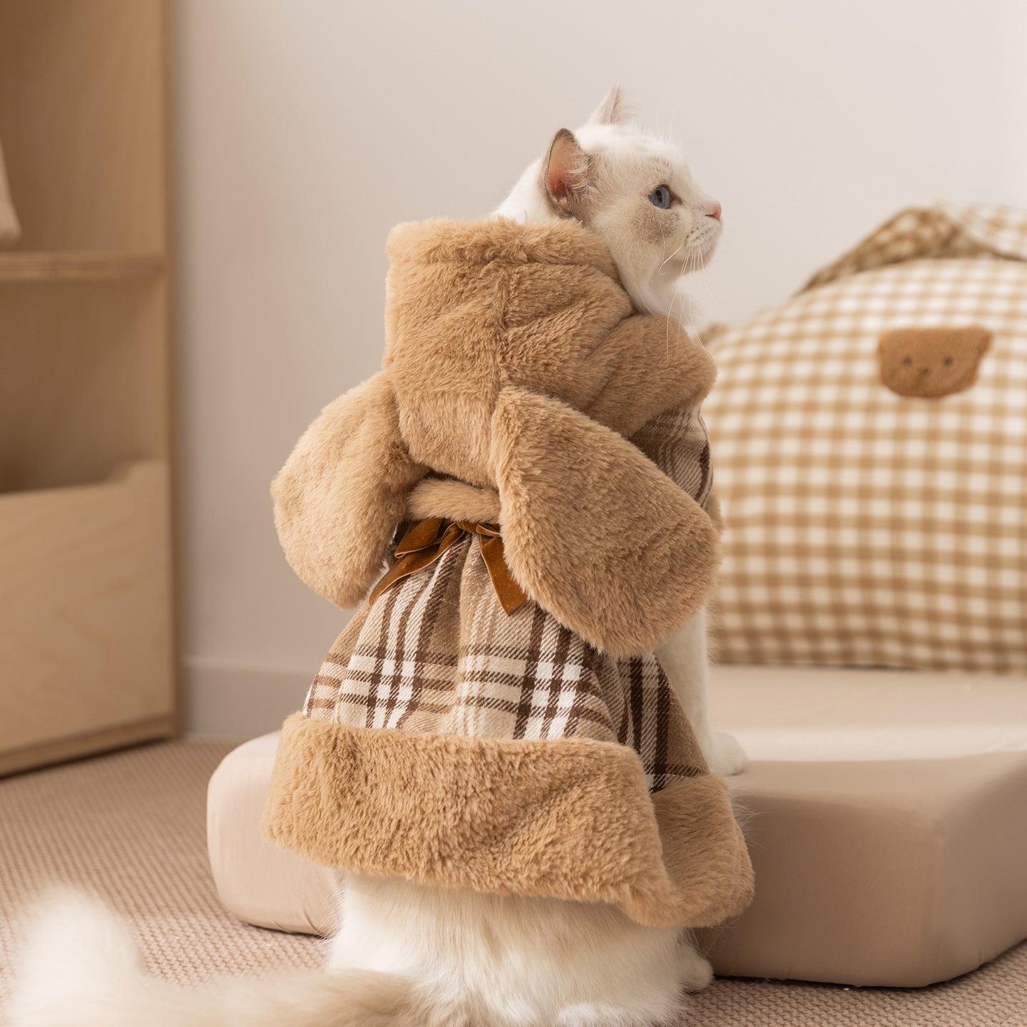 Plaid Cotton Dress with Cute Bunny Ears for Cats | Cozy Winter Pet Outfit