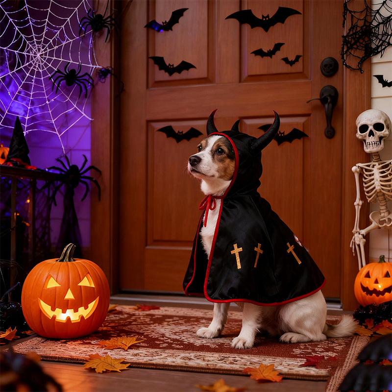 Devil Dog Halloween Costume – Horned Hooded Cape with Pumpkin & Cross Print