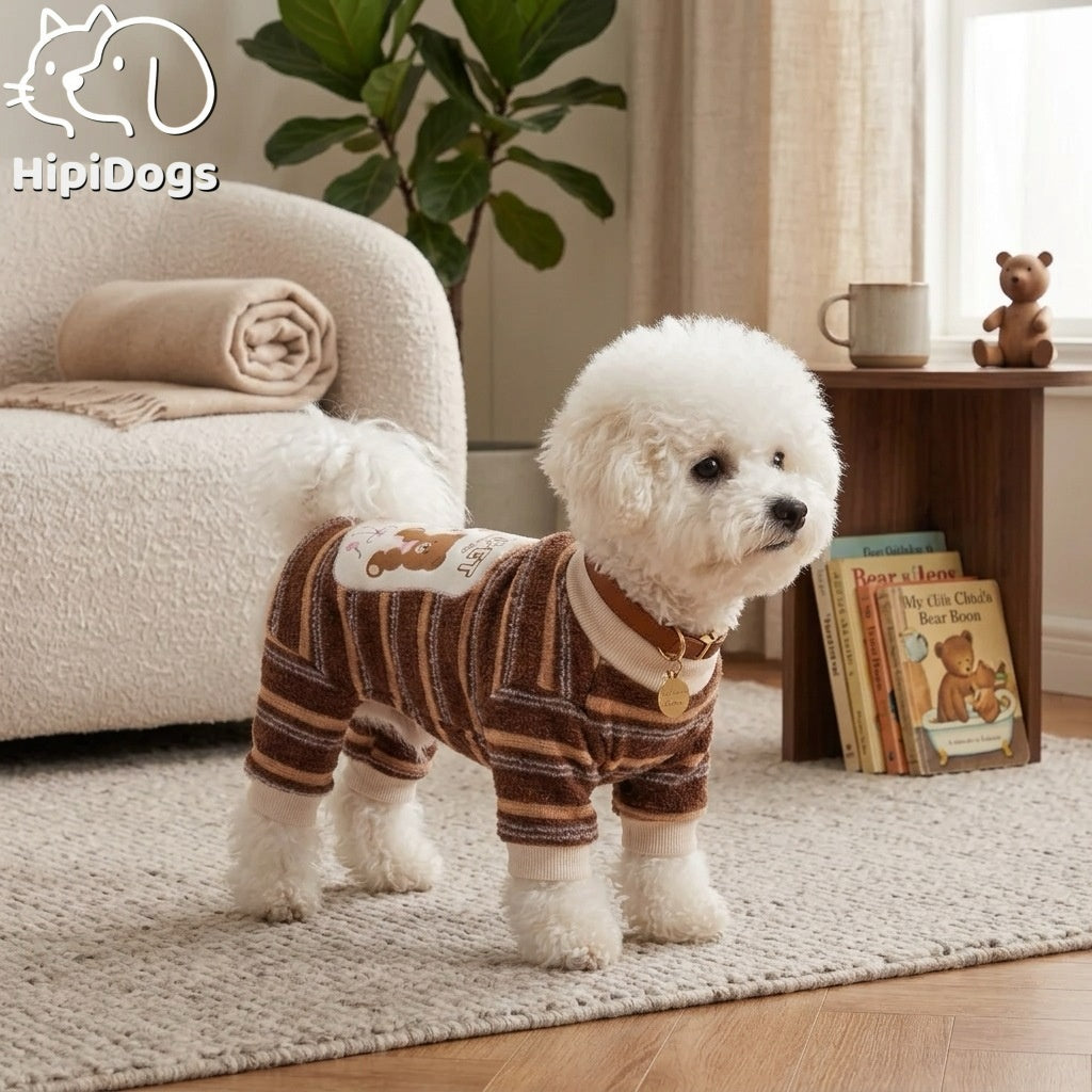 Striped Four-Leg Pet Jumpsuit – Cozy Dog Pajamas with Cartoon Patch & Leash D-Ring