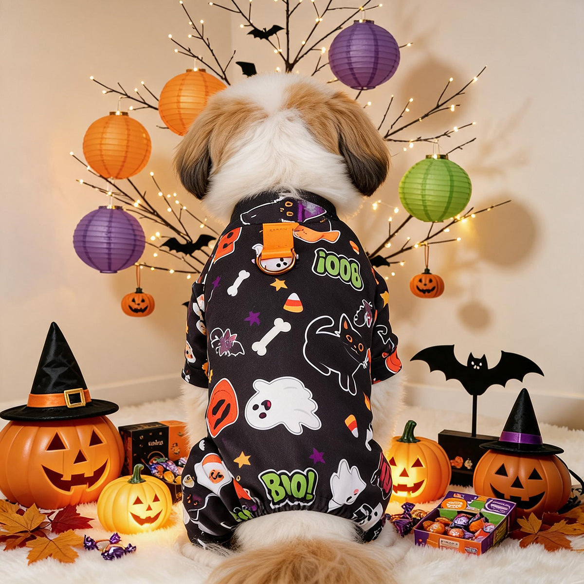 Halloween Dog Pajamas – Pumpkin Ghost Print Pet Jumpsuit for Small Dogs & Cats