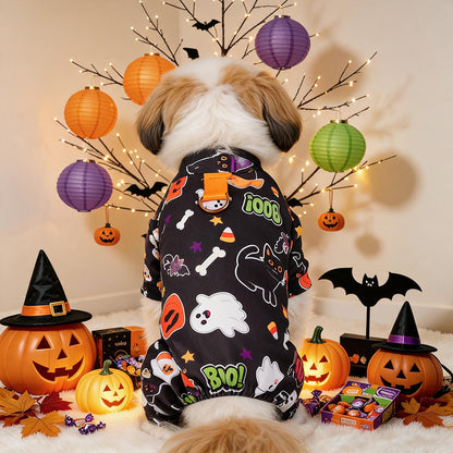 Halloween Dog Pajamas – Pumpkin Ghost Print Pet Jumpsuit for Small Dogs & Cats