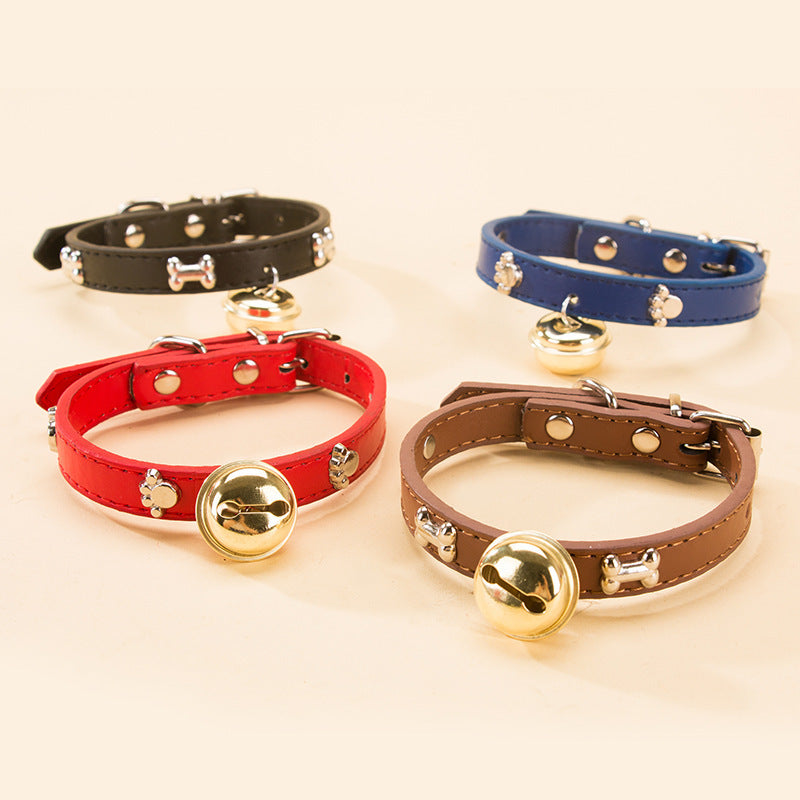 Leather Pet Collar with Bell | Adjustable Cat & Small Dog Collar with Paw Studs | Cute Pet Collar | HipiDogs