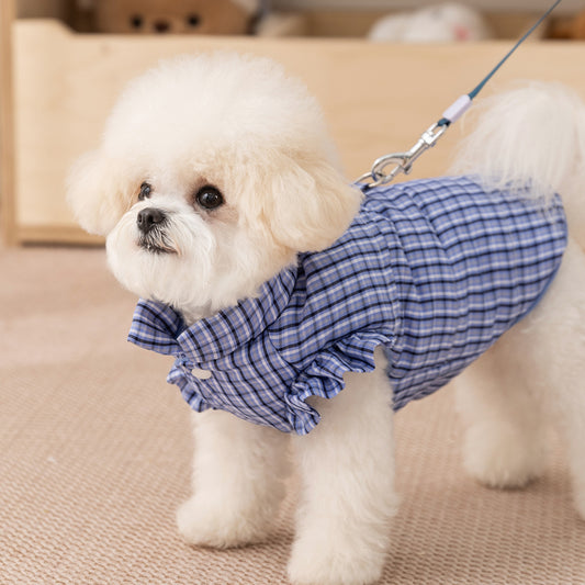 Plaid Padded Dog Dress with Harness Ring – Warm Winter Coat for Small Dogs, Cute Ruffle Puppy Jacket