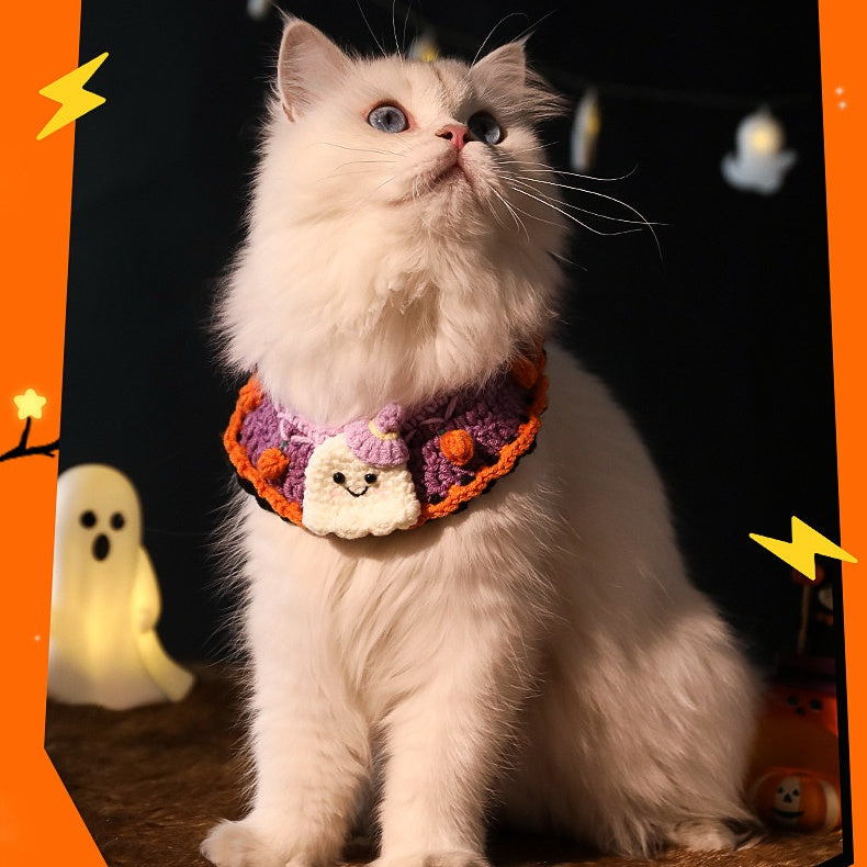 Crochet Halloween Pet Collar – Handmade Ghost Pumpkin Cat & Dog Costume Neckwear
