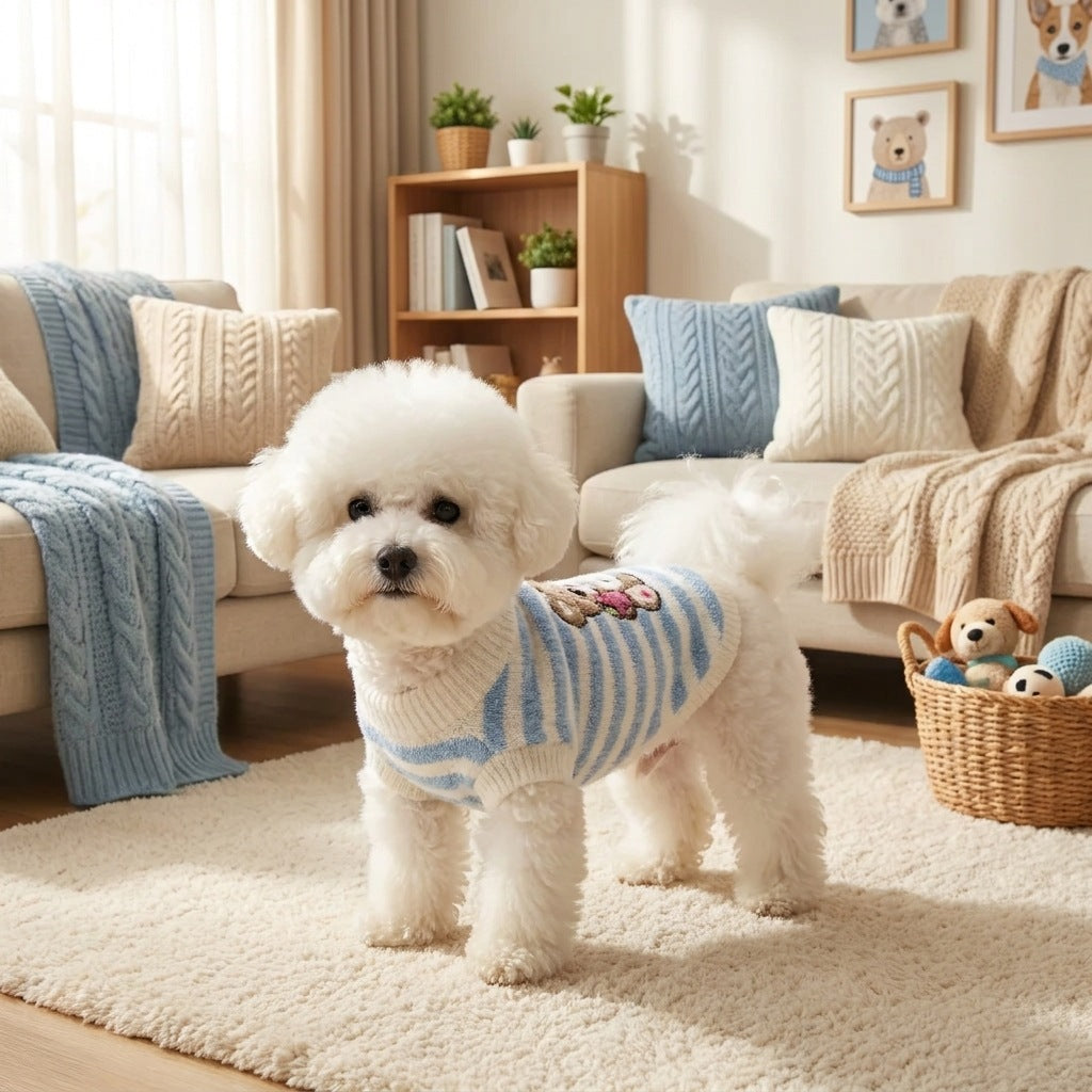 Cute Striped Pet Sweater – Soft Knit Sleeveless Dog & Cat Jumper with Cartoon Bear or Lamb Design