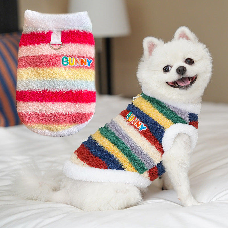 Warm Plush Striped Dog Hoodie – Soft Winter Pet Sweater with Hood for Small Dogs
