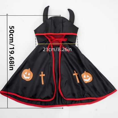 Devil Dog Halloween Costume – Horned Hooded Cape with Pumpkin & Cross Print
