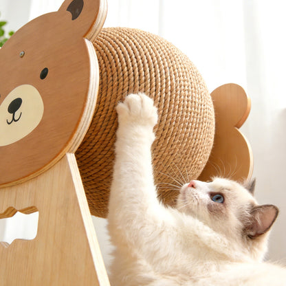 Apple & Bear Wooden Cat Scratcher – Cute Cartoon Sisal Ball Scratching Toy for Indoor Cats