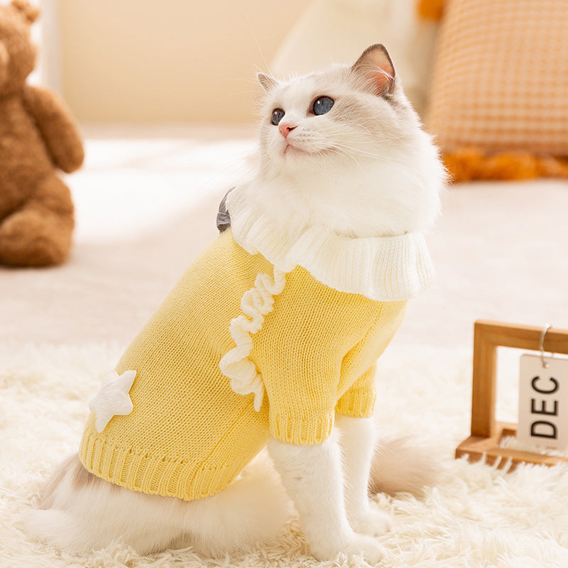 Cute Cat Sweater Outfit | Warm Knit Pet Clothes with Bow & Star | Soft Winter Cat Clothing for Cats & Small Dogs | HipiDogs